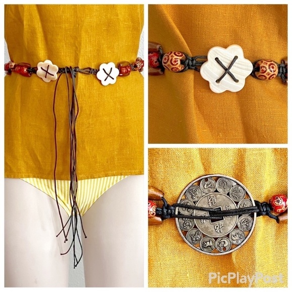 Festival Boho Artsy Painted Bead + Shell Metal Zodiac Medallion String Belt SZ L - Picture 1 of 10